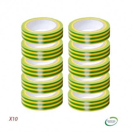 Lot de 10 rubans isolant Vert/Jaune 15mm longueur 10ml