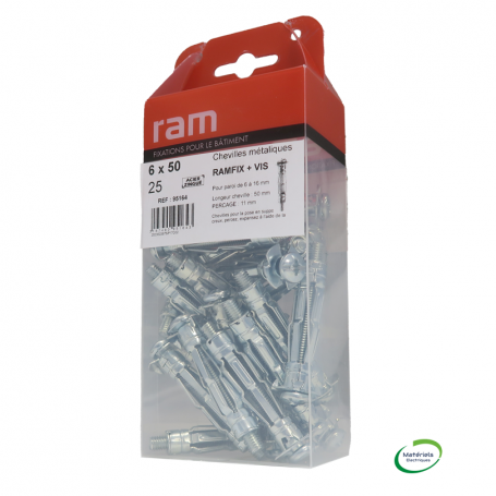 RAM 95164 - Cheville métallique, Avec vis 6x50, Boîte de 25