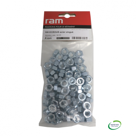 RAM 93608 - Écrous en acier zingué, 8mm, 100PCS