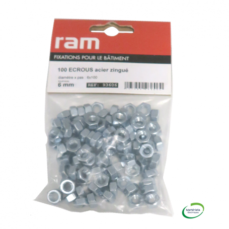 RAM 93606 - Écrous en acier zingué, 6mm, 100PCS