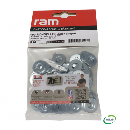RAM 93508 - Rondelle en acier zingué, 8x18mm, 100PCS