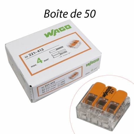 WAGO 221-413 -Mini-borne pour 2 entrées fils rigides & souples 4mm² (50pcs)