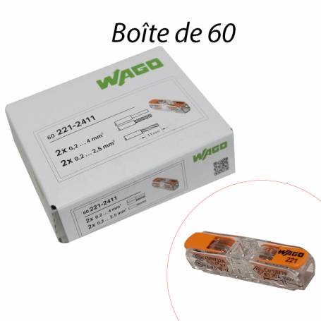 WAGO 221-2411 - Mini-borne Inline pour 2 entrées fils rigides & souples 4mm² (Bte de 60)