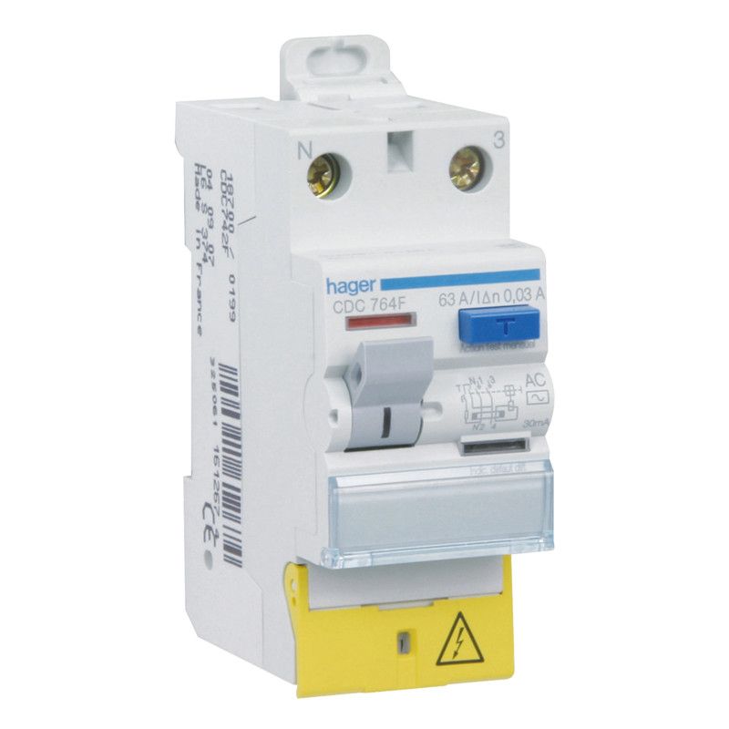 Interrupteur Différentiel Réarmable HAGER CDA263SC - 2 Pôles, 63A, 30mA, Norme EN 61008 - 12