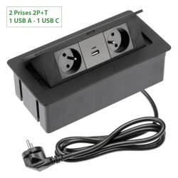 Bloc multiprises bureau encastrable 2 prises + chargeur USB-A+C Noir