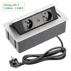 Bloc multiprises bureau encastrable 2 prises + chargeur USB-A+C Alu