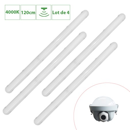 Lot de 4 Réglette LED avec détecteur HYDRON IP65 120cm 20-31-36W 4000K