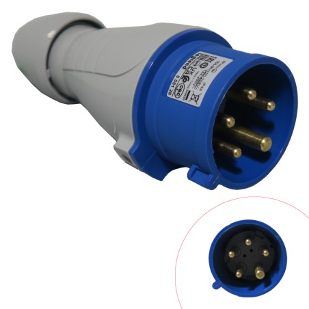 Fiche tétrapolaire male 16A 3P+N+T 250V - 5 broches IP44