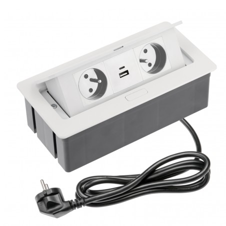 Bloc multiprises bureau encastrable 2 prises + chargeur USB-A+C Blanc