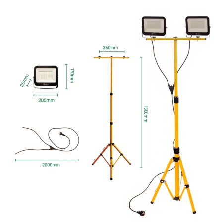 Lot de 2 projecteurs chantier LED 50W avec trépied cable 2.1ml