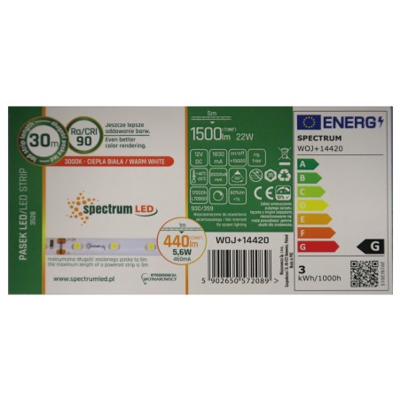 Ruban LED blanc chaud 3000K 12V 5,6W/M IP20 rouleau de  30 mètres - Spectrum WOJ14420
