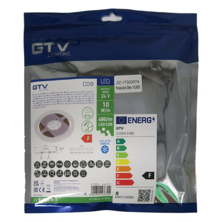 Ruban LED COB blanc froid 6500K 24V 10W/m IP20 5 mètres GTV - GTV LD-COB24V-20-ZBPQ