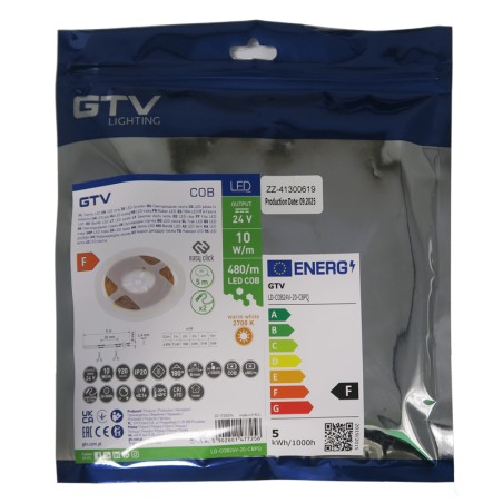 Ruban LED COB blanc chaud 2700K 24V 10W/m IP20 5 mètres GTV - GTV LD-COB24V-20-CBPQ