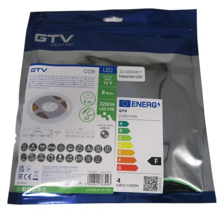 Ruban LED COB blanc neutre 4000K 12V 8W/m IP20 5 mètres - GTV LD-COB12V-20-NEN
