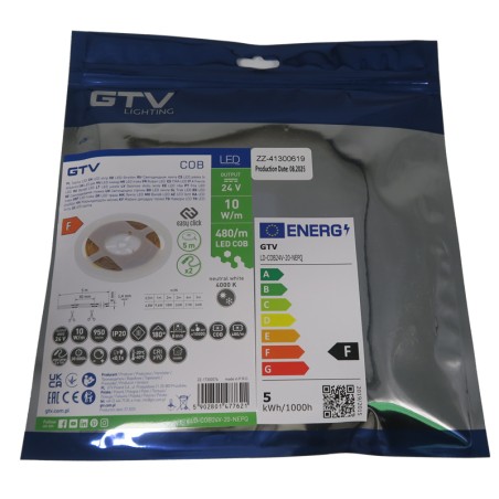 Ruban LED COB blanc neutre 4000K 24V 10W/m IP20 5 mètres - GTV LD-COB24V-20-NEPQ