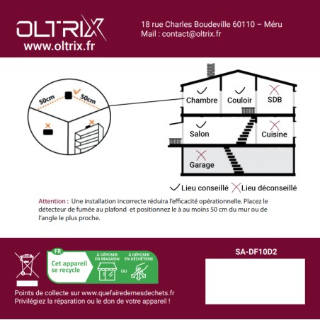 Détecteur de fumées pile lithium 10 Ans autonomie - OLTRIX SA-DF10D2