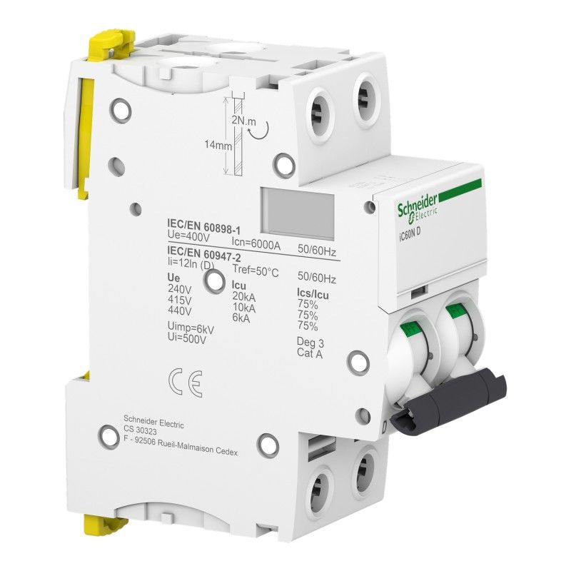 Disjoncteur 2A 2P courbe C 10kA 500V DC bornes vis