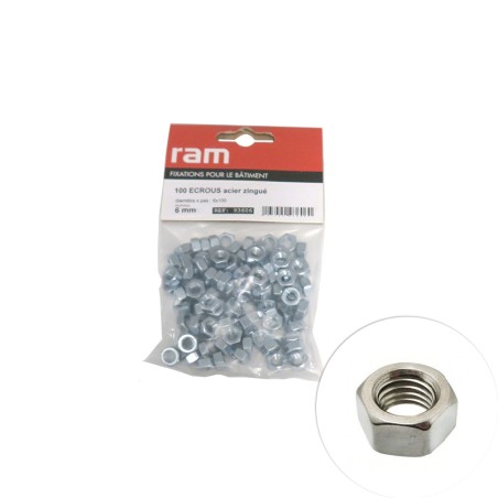 Ecrous en acier zingue 6 mm 100 pcs