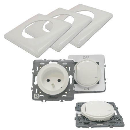 Kit composé de 3 plaques 1 poste 2 modules de commandes et une prise 2P+T