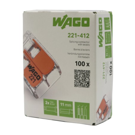 WAGO 221-412 - Borne de connexion à levier 2x4mm 100pcs Série 221 pour 2 fils de 4 mm² max