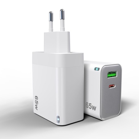 Chargeur double USB-C + USB-A puissance de 65W charge rapide 230 V