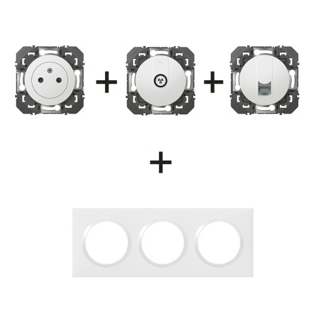 Dooxie Prise + Prise TV + Prise RJ45 + plaque carrée blanc