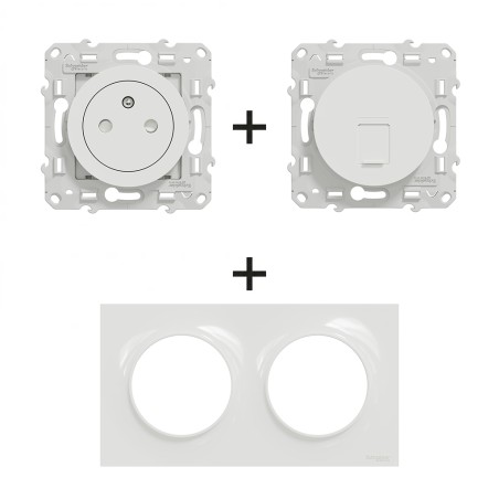 Odace Prise Surface + Prise RJ45 + plaque Blanc