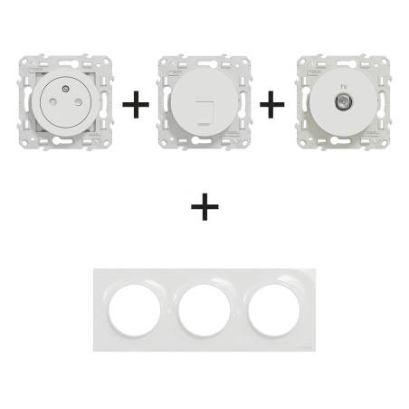 Odace Prise + Prise TV + Prise RJ45 + plaque Blanc