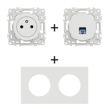 Odace Prise Surface 250 V CA + Prise RJ45 + plaque Blanc Craie