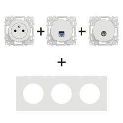 Odace Prise + Prise TV + Prise RJ45 + plaque Blanc Craie