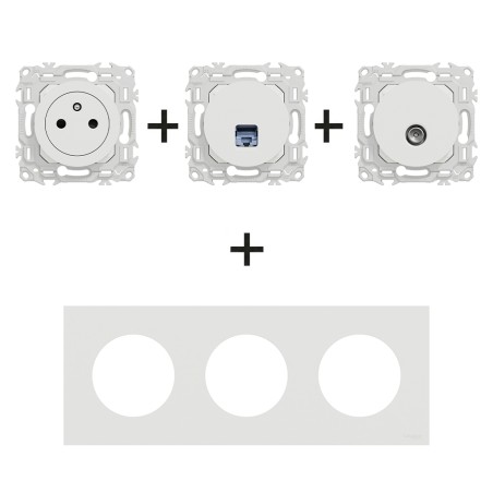 Odace Prise + Prise TV + Prise RJ45 + plaque Blanc Craie