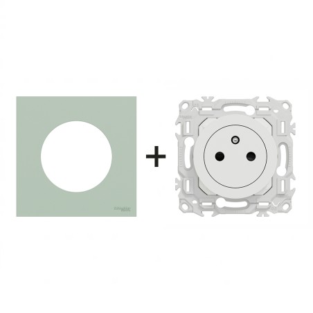 Odace Prise de courant 2P+T 250 V CA, 50/60 Hz + plaque Vert Jade