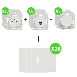 Odace Lot 20 Prises + 5 Inter/BP + 5 RJ45 + 30 plaques Blanc Craie