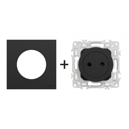 Odace Prise de courant 2P 250 V CA, 50 Hz + plaque Noir Onyx