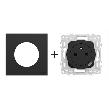 Odace Prise 250 V CA, 50 Hz + chargeur USB-C + plaque Noir Onyx
