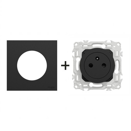 Odace Prise de courant 2P+T 250 V CA, 50 Hz + plaque Noir Onyx