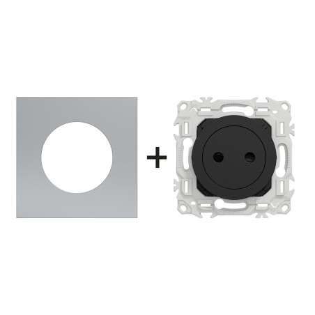 Odace Prise de courant 2P 250 V CA, 50 Hz + plaque Titane-noir