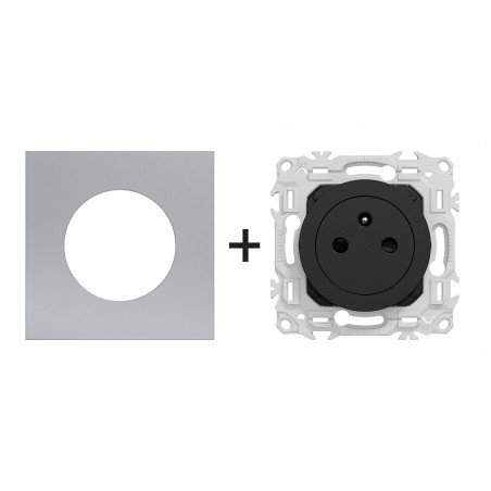 Odace Prise de courant 2P+T 250 V CA, 50 Hz + plaque Titane-noir