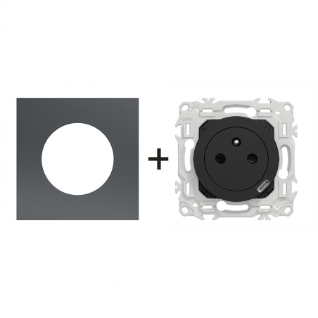 Odace Prise + chargeur USB-C + plaque Perle Noire