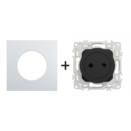 Odace Prise de courant 2P 250 V CA, 50 Hz + plaque Alu-noir