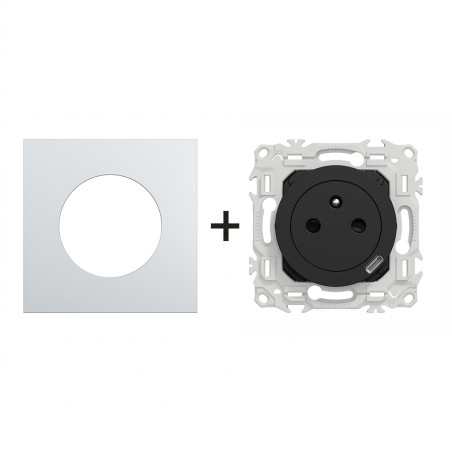 Odace Prise de courant 2P 250 V CA, 50 Hz + plaque Alu-noir