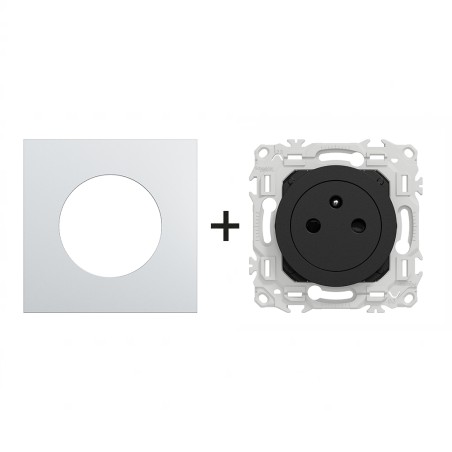 Odace Prise de courant 2P+T 250 V CA, 50 Hz + plaque Alu-noir