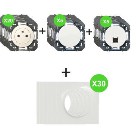 Dooxie Lot PRO 20 prises + 5 RJ45 + 5 va-et-vient + 30 plaques