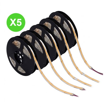 Ruban LED COB 12V blanc chaud 3000K 8W/m IP 20 Lot 5 Pcs