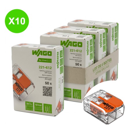 Borne Wago à levier 2 entrées 6mm² tous conducteurs, lot 10 pièces