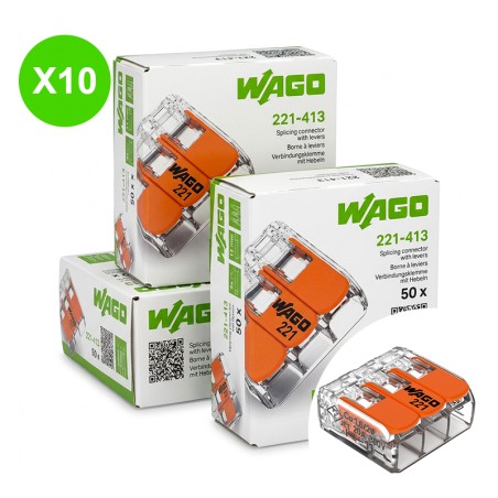 Borne Wago à levier 3 entrées 4mm² tous conducteurs, lot 10 pièces