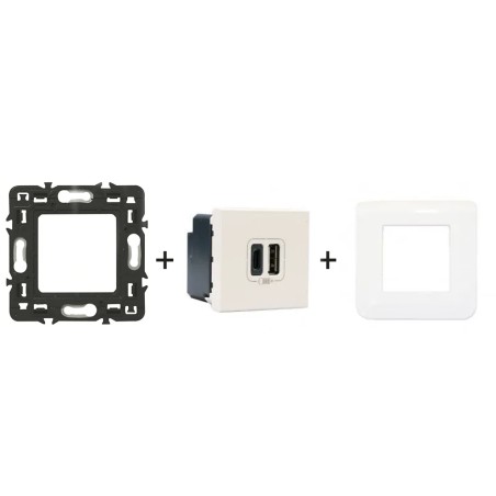 Mosaic Chargeur USB Type A+C 15W 2 modules blanc avec support et plaque