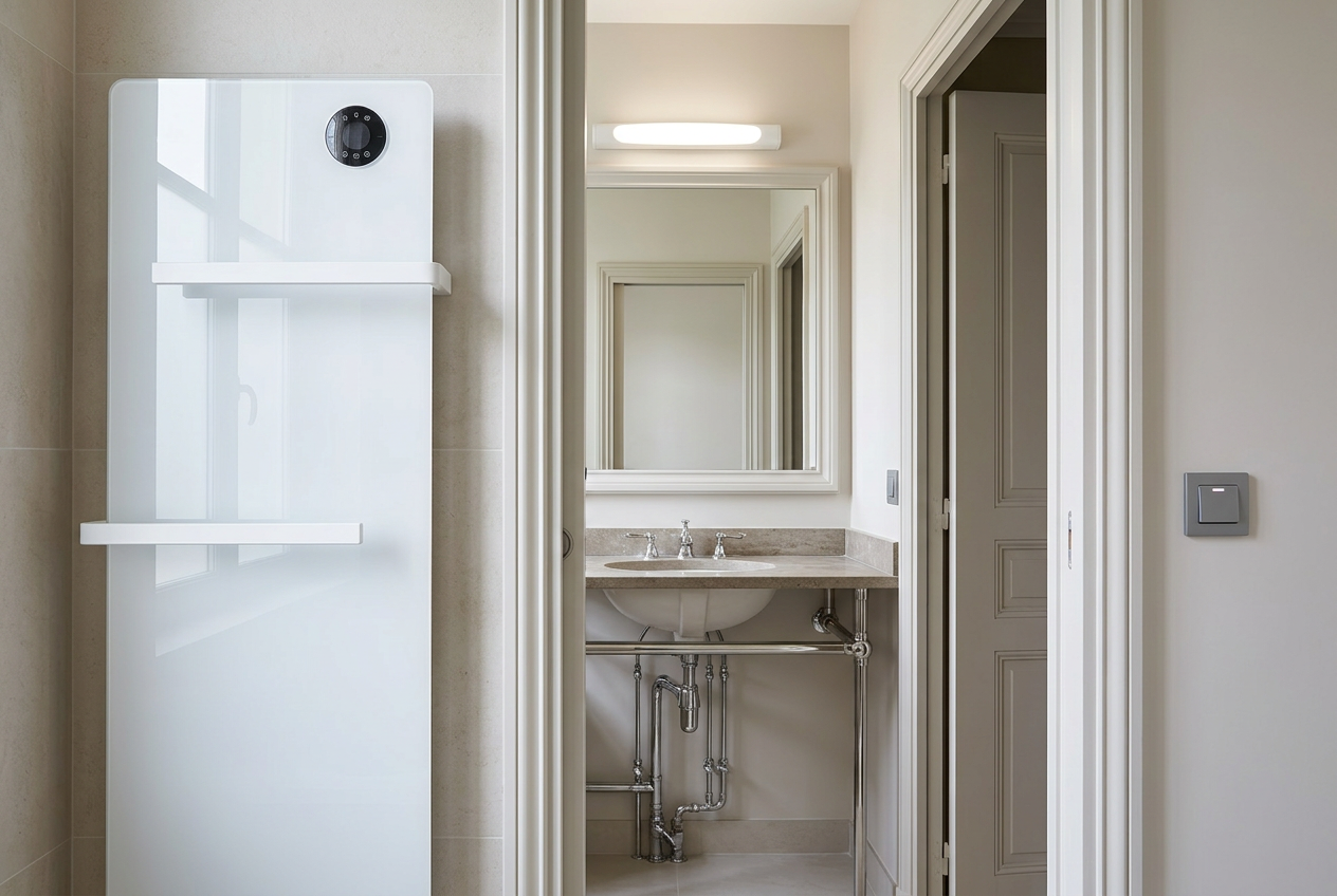 Luminaires Spectrum et MIIDEX, sèche-serviettes Intuis et interrupteur Hager dans les parties hors volume d'une salle de bains.