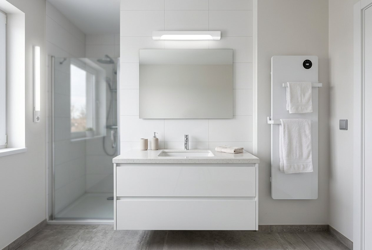 Douche à l'italienne et baignoire avec luminaire MIIDEX et commande Hager installés hors volume.