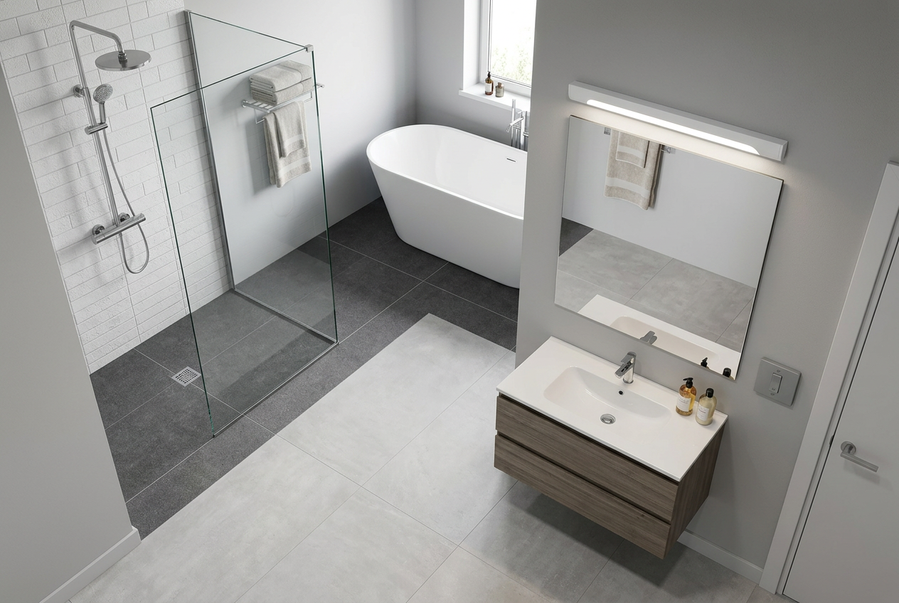 Préparation des emplacements hors volume avec sèche-serviettes Intuis et interrupteur Hager dans une salle de bains.